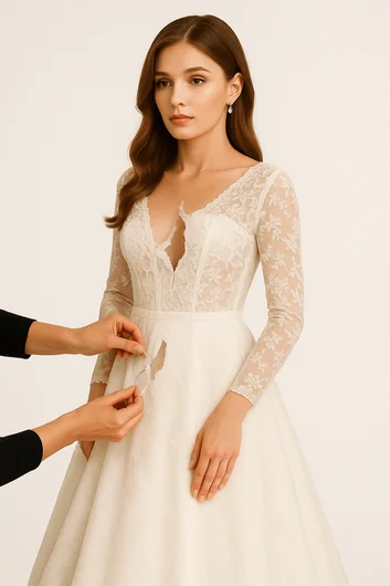 Beautiful bride in expertly repaired wedding dress with perfect repairs